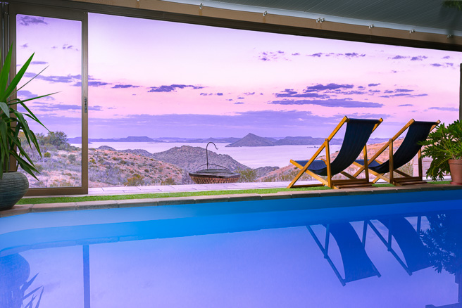 Fish Eagle Lodge at dusk, overlooking Gariep Dam